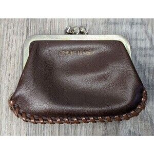 Vintage Leather Coin Purse Brown Double Kiss Lock Closure Braided Seam